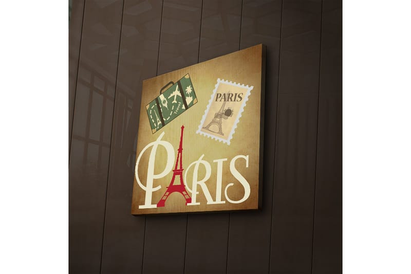 Lærredstryk med LED-belysning 40x40 cm - Paris-inspireret kunstværk med Eiffeltårnet og rejsesymboler - Rød / Grøn / Beige - Boligtilbehør - Billeder & kunst - Billeder på lærred