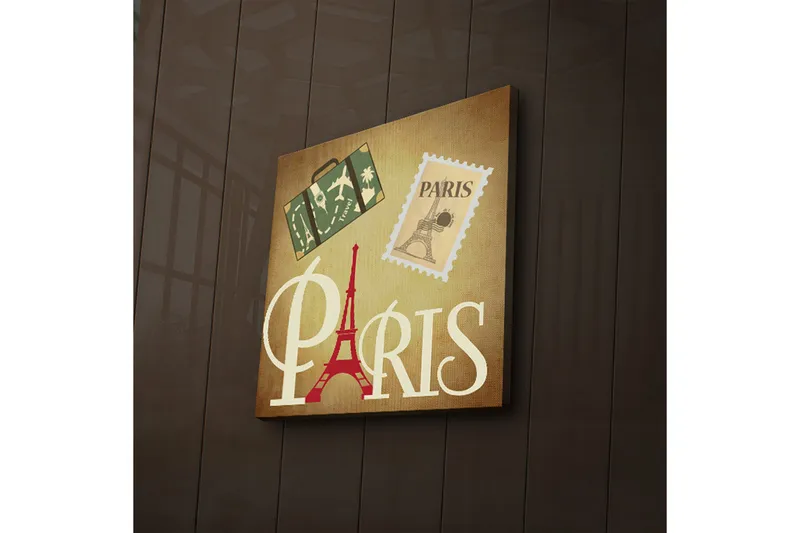Lærredstryk med LED-belysning 40x40 cm - Paris-inspireret kunstværk med Eiffeltårnet og rejsesymboler - Rød / Grøn / Beige - Boligtilbehør - Billeder & kunst - Billeder på lærred