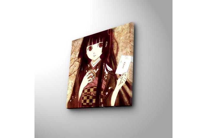 Lærredstryk med LED-belysning 40x40 cm - Portræt af en ung kvinde i traditionelt tøj med en kop og et bogstav i hånden - Mørkerød / Beige / Sort - Boligtilbehør - Billeder & kunst - Billeder på lærred