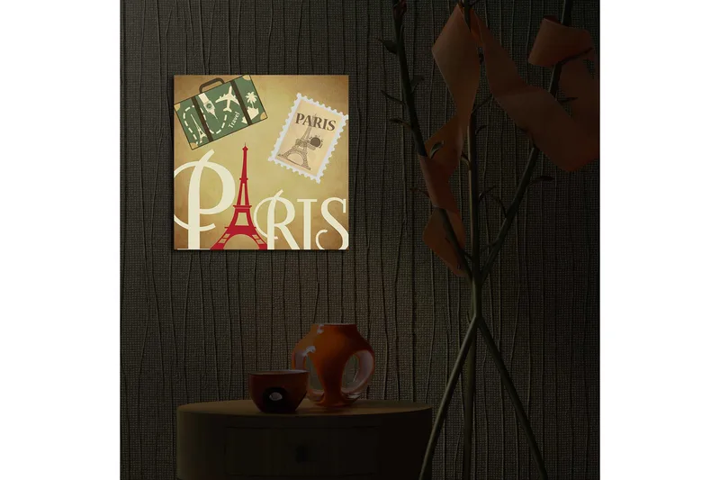 Lærredstryk med LED-belysning 40x40 cm - Paris-inspireret kunstværk med Eiffeltårnet og rejsesymboler - Rød / Grøn / Beige - Boligtilbehør - Billeder & kunst - Billeder på lærred