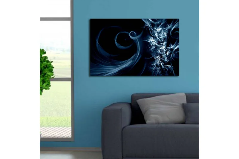 Lærredstryk med LED-belysning 45x70 cm - Abstrakt komposition med sorte og blå hvirvler - Mørkeblå / Lyseblå / Sort - Boligtilbehør - Billeder & kunst - Billeder på lærred