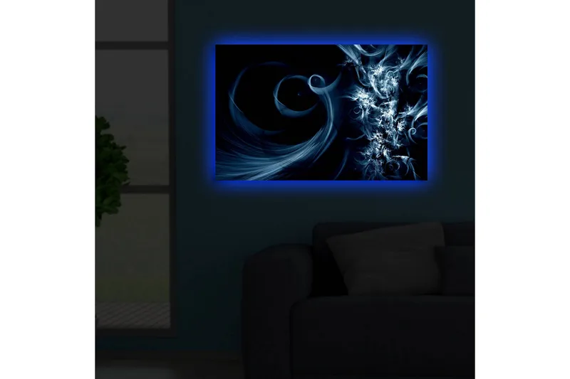 Lærredstryk med LED-belysning 45x70 cm - Abstrakt komposition med sorte og blå hvirvler - Mørkeblå / Lyseblå / Sort - Boligtilbehør - Billeder & kunst - Billeder på lærred