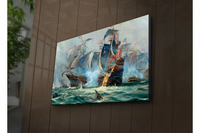 Lærredstryk med LED-belysning 45x70 cm - Dramatisk søslag med sejlskibe i aktion - Blå / Grøn / Rød - Boligtilbehør - Billeder & kunst - Billeder på lærred