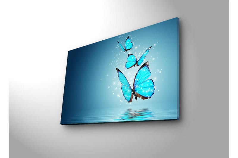 Lærredstryk med LED-belysning 45x70 cm - Farverige sommerfugle svæver over en spejllignende overflade - Turkis / Blå / Sort - Boligtilbehør - Billeder & kunst - Billeder på lærred
