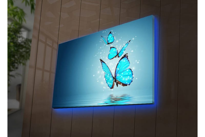 Lærredstryk med LED-belysning 45x70 cm - Farverige sommerfugle svæver over en spejllignende overflade - Turkis / Blå / Sort - Boligtilbehør - Billeder & kunst - Billeder på lærred