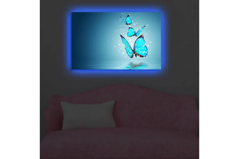 Lærredstryk med LED-belysning 45x70 cm - Farverige sommerfugle svæver over en spejllignende overflade - Turkis / Blå / Sort - Boligtilbehør - Billeder & kunst - Billeder på lærred