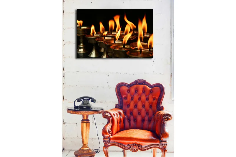 Lærredstryk med LED-belysning 45x70 cm - Flammer fra olielamper, der spreder varme og lys - Orange / Guld / Sort - Boligtilbehør - Billeder & kunst - Billeder på lærred