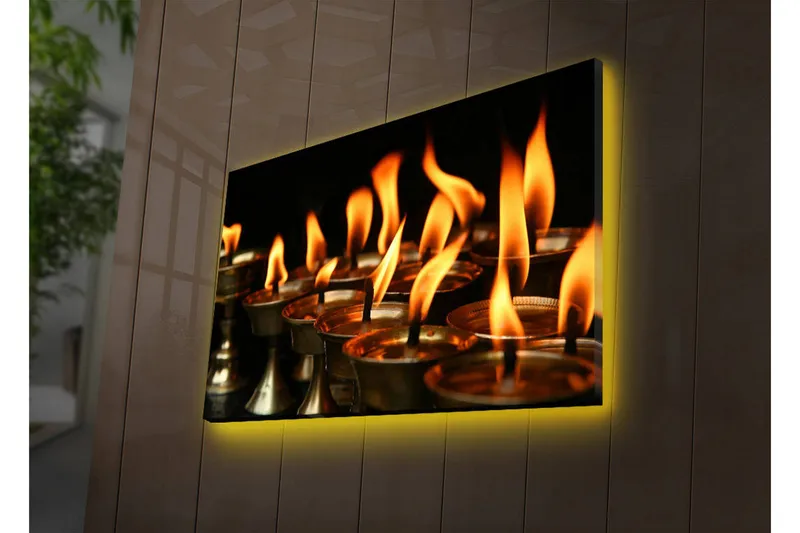 Lærredstryk med LED-belysning 45x70 cm - Flammer fra olielamper, der spreder varme og lys, Orange / Guld / Sort