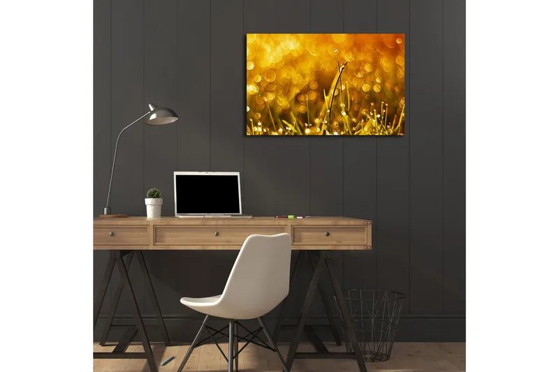 Lærredstryk med LED-belysning 45x70 cm - Glitrende græs med dugdråber i gyldent lys - Guld / Grøn - Boligtilbehør - Billeder & kunst - Billeder på lærred