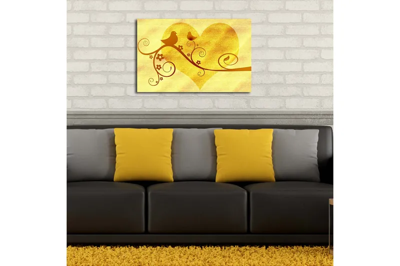 Lærredstryk med LED-belysning 45x70 cm - Hjerteformet komposition med fugle og blomster - Guld / Brun - Boligtilbehør - Billeder & kunst - Billeder på lærred