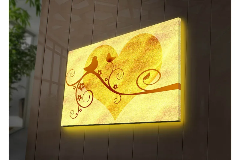 Lærredstryk med LED-belysning 45x70 cm - Hjerteformet komposition med fugle og blomster - Guld / Brun - Boligtilbehør - Billeder & kunst - Billeder på lærred