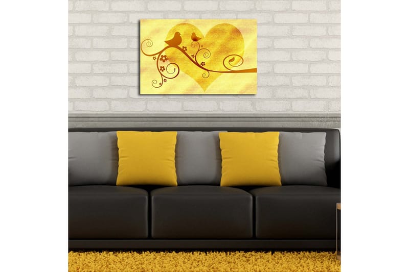 Lærredstryk med LED-belysning 45x70 cm - Hjerteformet komposition med fugle og blomster - Guld / Brun - Boligtilbehør - Billeder & kunst - Billeder på lærred