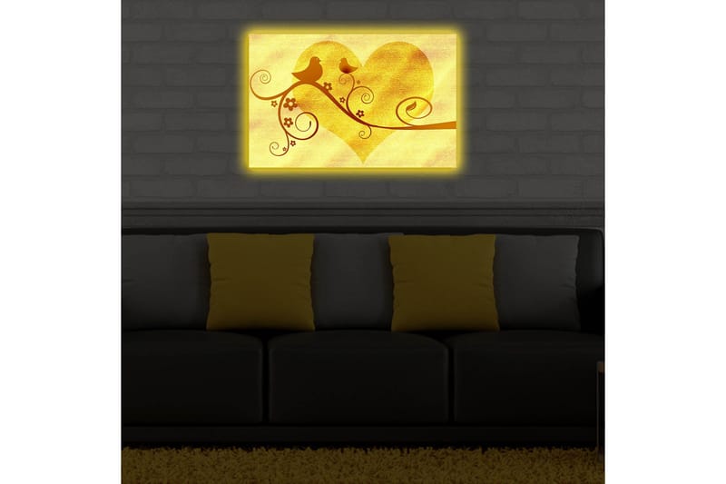 Lærredstryk med LED-belysning 45x70 cm - Hjerteformet komposition med fugle og blomster - Guld / Brun - Boligtilbehør - Billeder & kunst - Billeder på lærred