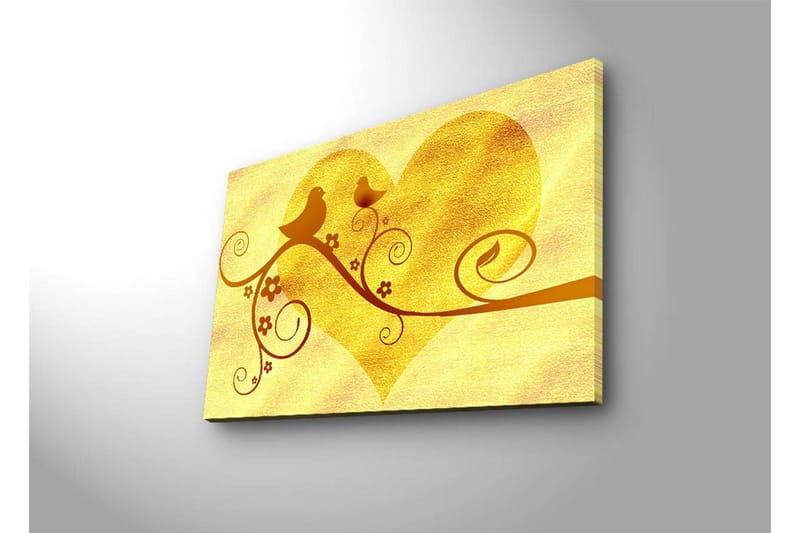 Lærredstryk med LED-belysning 45x70 cm - Hjerteformet komposition med fugle og blomster - Guld / Brun - Boligtilbehør - Billeder & kunst - Billeder på lærred