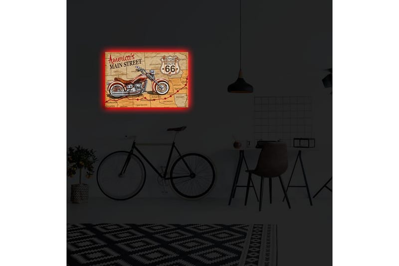 Lærredstryk med LED-belysning 45x70 cm - Motorcykel på et kort over Route 66 - Rød / Brun / Beige - Boligtilbehør - Billeder & kunst - Billeder på lærred