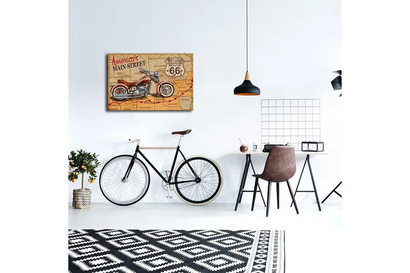 Lærredstryk med LED-belysning 45x70 cm - Motorcykel på et kort over Route 66 - Rød / Brun / Beige - Boligtilbehør - Billeder & kunst - Billeder på lærred
