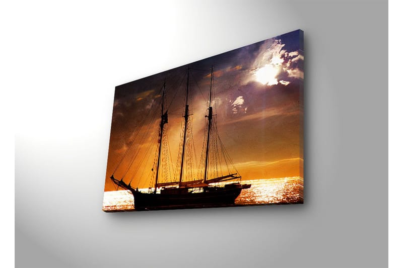 Lærredstryk med LED-belysning 45x70 cm - Sejlbåd mod en solnedgang over havet - Orange / Sort / Guld - Boligtilbehør - Billeder & kunst - Billeder på lærred