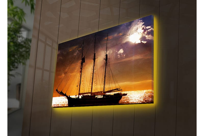 Lærredstryk med LED-belysning 45x70 cm - Sejlbåd mod en solnedgang over havet, Orange / Sort / Guld