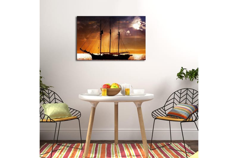 Lærredstryk med LED-belysning 45x70 cm - Sejlbåd mod en solnedgang over havet - Orange / Sort / Guld - Boligtilbehør - Billeder & kunst - Billeder på lærred