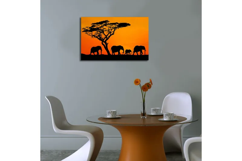Lærredstryk med LED-belysning 45x70 cm - Silhuetter af elefanter mod en solnedgang - Orange / Sort - Boligtilbehør - Billeder & kunst - Billeder på lærred
