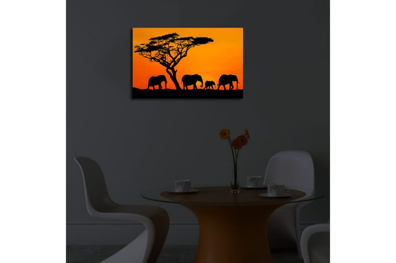 Lærredstryk med LED-belysning 45x70 cm - Silhuetter af elefanter mod en solnedgang - Orange / Sort - Boligtilbehør - Billeder & kunst - Billeder på lærred