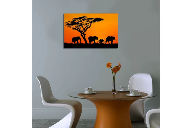 Lærredstryk med LED-belysning 45x70 cm - Silhuetter af elefanter mod en solnedgang - Orange / Sort - Boligtilbehør - Billeder & kunst - Billeder på lærred