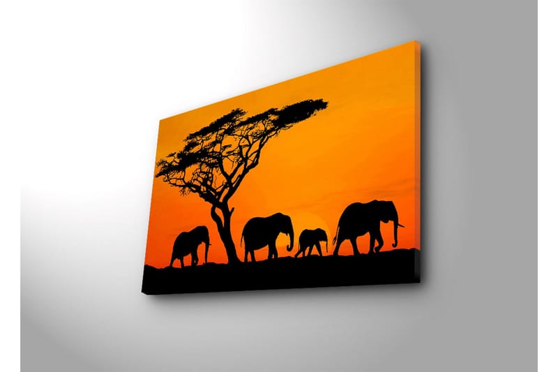 Lærredstryk med LED-belysning 45x70 cm - Silhuetter af elefanter mod en solnedgang - Orange / Sort - Boligtilbehør - Billeder & kunst - Billeder på lærred