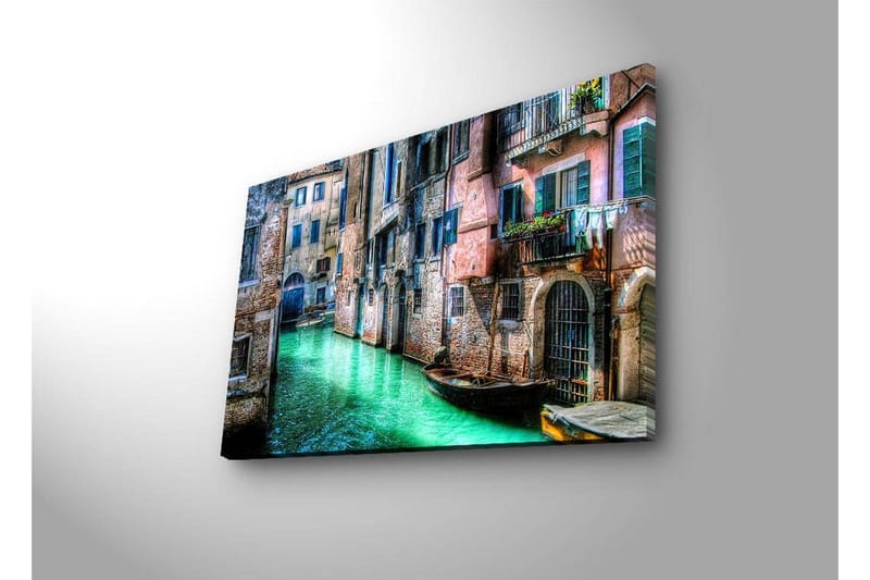 Lærredstryk med LED-belysning 45x70 cm - Smuk kanal med historiske bygninger og både i maleriske omgivelser - Grøn / Lyserød / Blå - Boligtilbehør - Billeder & kunst - Billeder på lærred