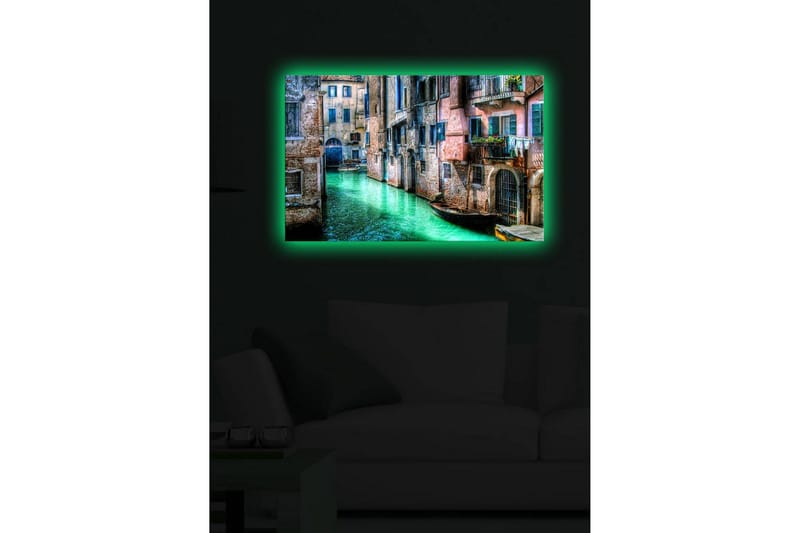 Lærredstryk med LED-belysning 45x70 cm - Smuk kanal med historiske bygninger og både i maleriske omgivelser - Grøn / Lyserød / Blå - Boligtilbehør - Billeder & kunst - Billeder på lærred