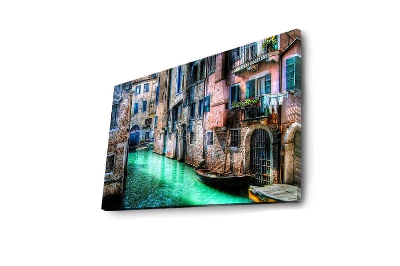 Lærredstryk med LED-belysning 45x70 cm - Smuk kanal med historiske bygninger og både i maleriske omgivelser - Grøn / Lyserød / Blå - Boligtilbehør - Billeder & kunst - Billeder på lærred