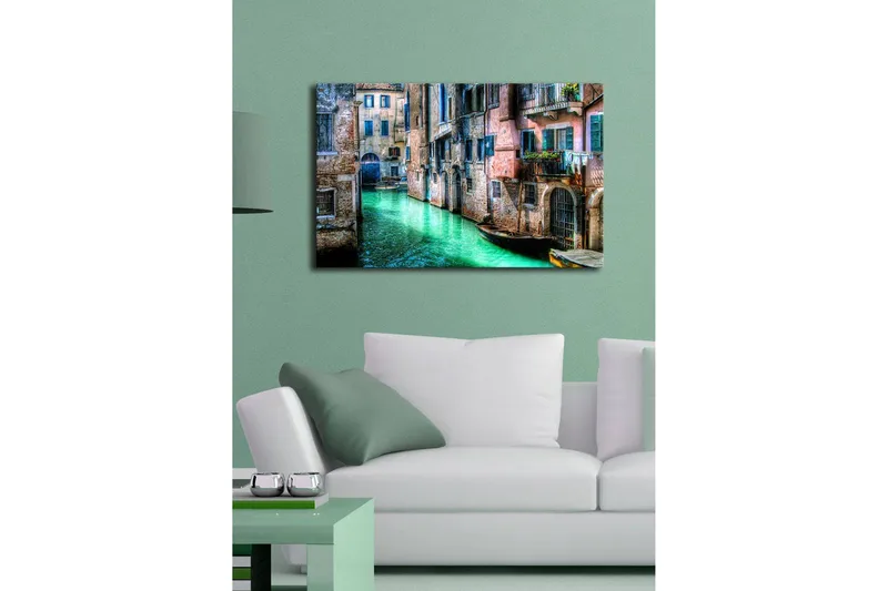 Lærredstryk med LED-belysning 45x70 cm - Smuk kanal med historiske bygninger og både i maleriske omgivelser - Grøn / Lyserød / Blå - Boligtilbehør - Billeder & kunst - Billeder på lærred