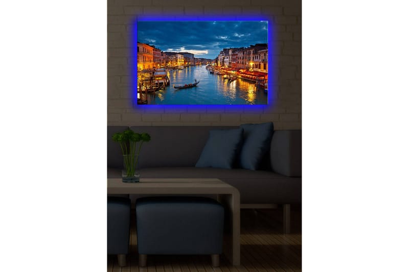 Lærredstryk med LED-belysning 45x70 cm - Smuk udsigt over en kanal i Venedig med oplyste bygninger på vandet - Blå / Orange / Grøn - Boligtilbehør - Billeder & kunst - Billeder på lærred