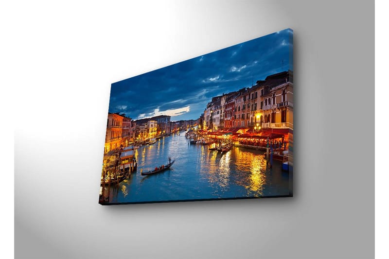 Lærredstryk med LED-belysning 45x70 cm - Smuk udsigt over en kanal i Venedig med oplyste bygninger på vandet - Blå / Orange / Grøn - Boligtilbehør - Billeder & kunst - Billeder på lærred