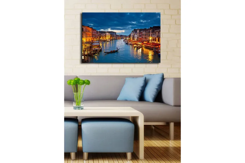 Lærredstryk med LED-belysning 45x70 cm - Smuk udsigt over en kanal i Venedig med oplyste bygninger på vandet - Blå / Orange / Grøn - Boligtilbehør - Billeder & kunst - Billeder på lærred