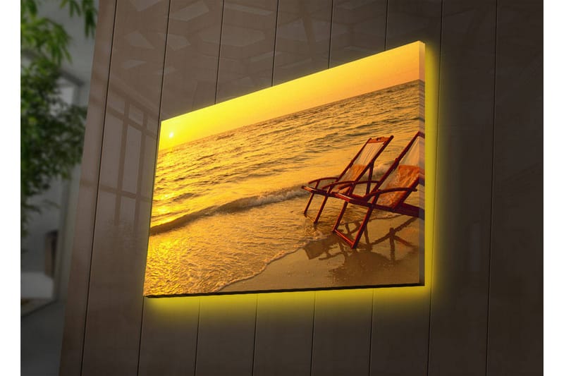 Lærredstryk med LED-belysning 45x70 cm - Solnedgang over havet med to strandstole i forgrunden - Guld / Orange / Brun - Boligtilbehør - Billeder & kunst - Billeder på lærred