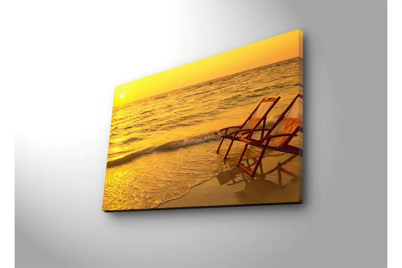 Lærredstryk med LED-belysning 45x70 cm - Solnedgang over havet med to strandstole i forgrunden - Guld / Orange / Brun - Boligtilbehør - Billeder & kunst - Billeder på lærred