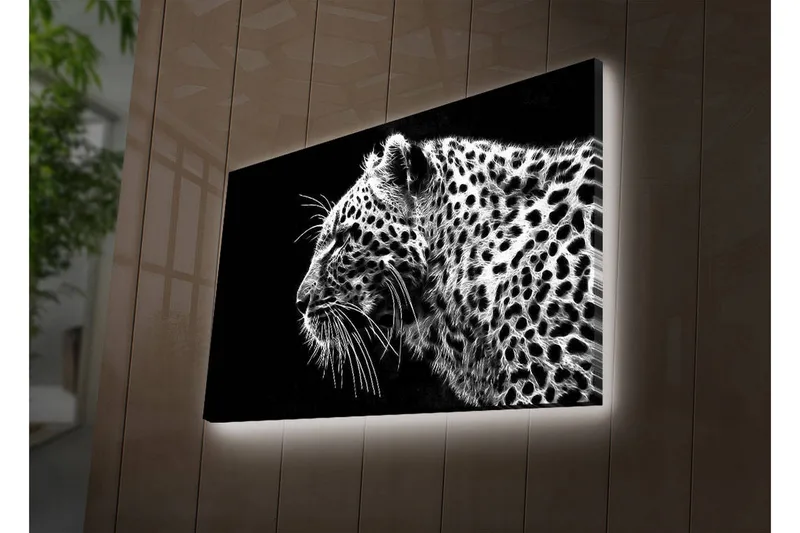 Lærredstryk med LED-belysning 45x70 cm - Sort og hvid leopardprofil med detaljeret pelsstruktur, Sort / Hvid