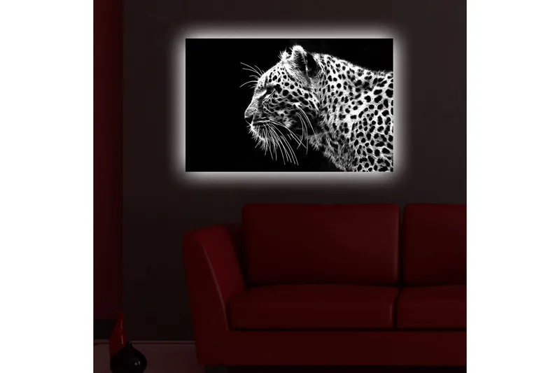 Lærredstryk med LED-belysning 45x70 cm - Sort og hvid leopardprofil med detaljeret pelsstruktur - Sort / Hvid - Boligtilbehør - Billeder & kunst - Billeder på lærred