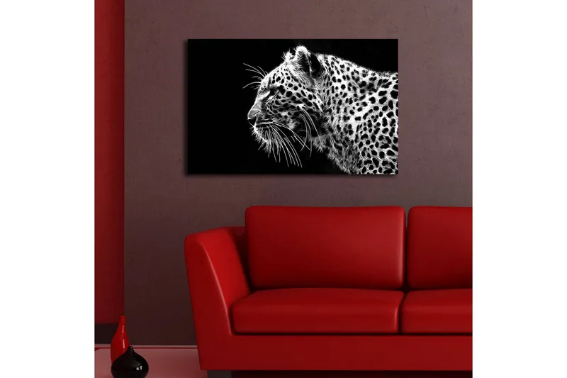 Lærredstryk med LED-belysning 45x70 cm - Sort og hvid leopardprofil med detaljeret pelsstruktur - Sort / Hvid - Boligtilbehør - Billeder & kunst - Billeder på lærred