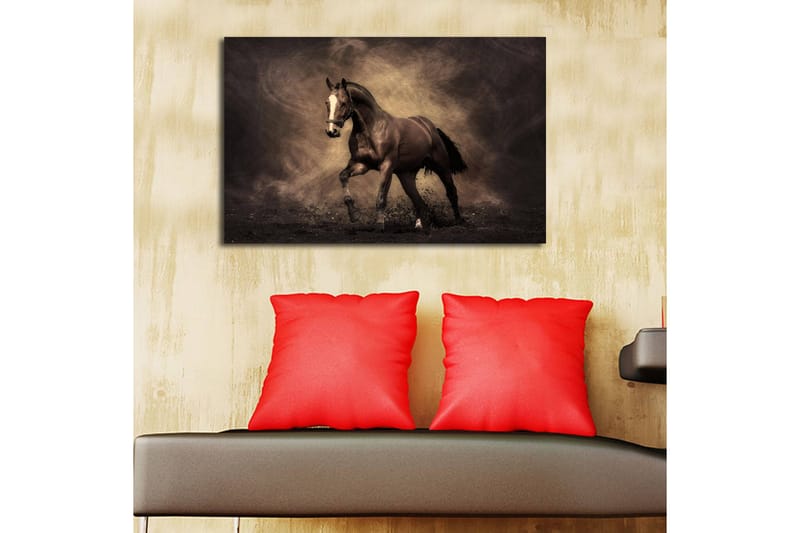 Lærredstryk med LED-belysning 45x70 cm - Stolt hest i bevægelse - Mørkebrun / Beige / Sort - Boligtilbehør - Billeder & kunst - Billeder på lærred
