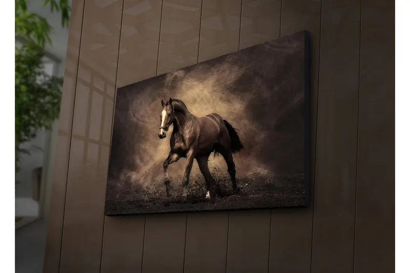Lærredstryk med LED-belysning 45x70 cm - Stolt hest i bevægelse, Mørkebrun / Beige / Sort