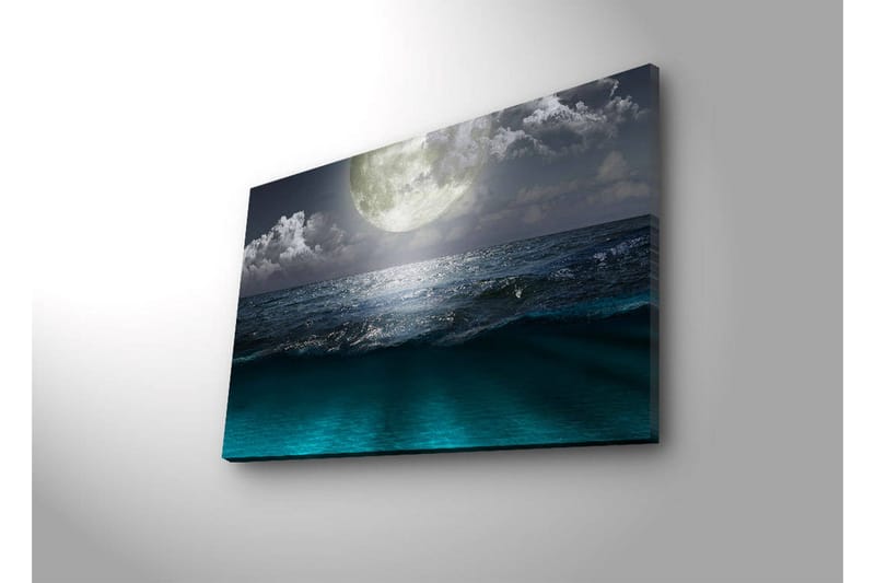Lærredstryk med LED-belysning 45x70 cm - Storslået måne over et stormfuldt hav - Mørkeblå / Turkis / Grå - Boligtilbehør - Billeder & kunst - Billeder på lærred