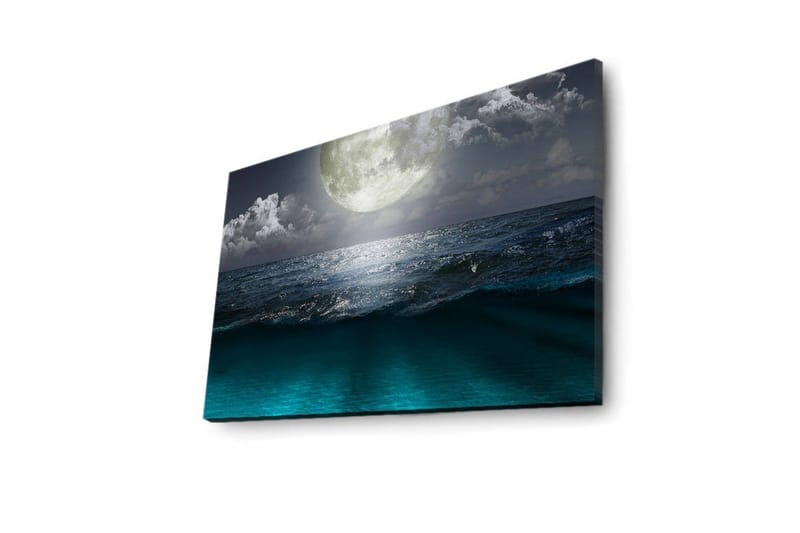 Lærredstryk med LED-belysning 45x70 cm - Storslået måne over et stormfuldt hav - Mørkeblå / Turkis / Grå - Boligtilbehør - Billeder & kunst - Billeder på lærred
