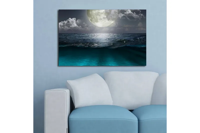 Lærredstryk med LED-belysning 45x70 cm - Storslået måne over et stormfuldt hav - Mørkeblå / Turkis / Grå - Boligtilbehør - Billeder & kunst - Billeder på lærred
