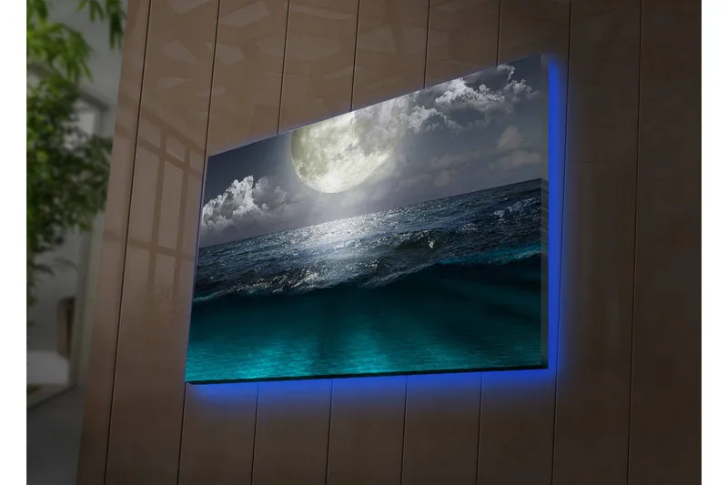 Lærredstryk med LED-belysning 45x70 cm - Storslået måne over et stormfuldt hav, Mørkeblå / Turkis / Grå