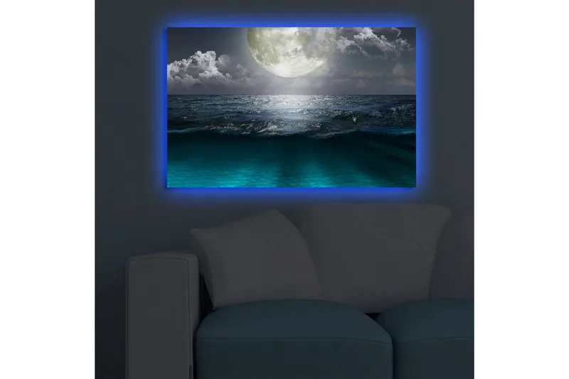 Lærredstryk med LED-belysning 45x70 cm - Storslået måne over et stormfuldt hav - Mørkeblå / Turkis / Grå - Boligtilbehør - Billeder & kunst - Billeder på lærred