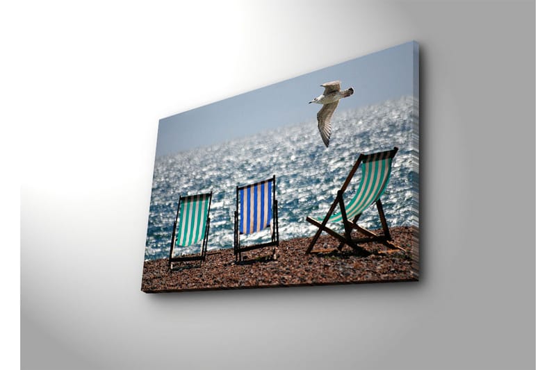 Lærredstryk med LED-belysning 45x70 cm - Strandstole ved havet med en flyvende måge - Grøn / Blå / Hvid - Boligtilbehør - Billeder & kunst - Billeder på lærred