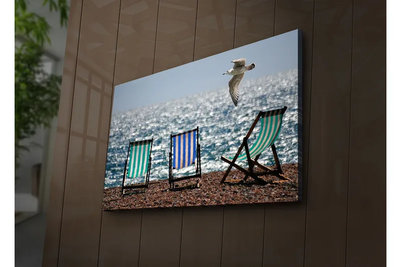 Lærredstryk med LED-belysning 45x70 cm - Strandstole ved havet med en flyvende måge - Grøn / Blå / Hvid - Boligtilbehør - Billeder & kunst - Billeder på lærred