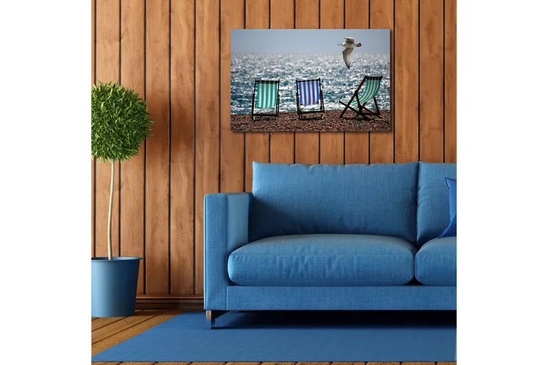 Lærredstryk med LED-belysning 45x70 cm - Strandstole ved havet med en flyvende måge - Grøn / Blå / Hvid - Boligtilbehør - Billeder & kunst - Billeder på lærred