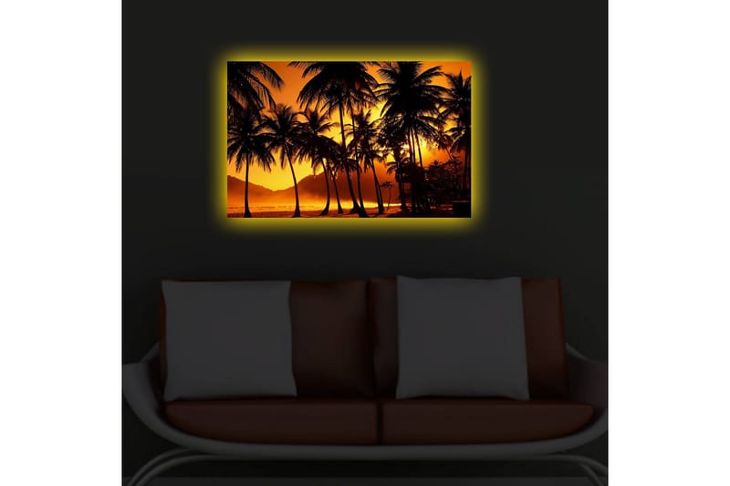 Lærredstryk med LED-belysning 45x70 cm - Tropisk solnedgang med palmer i silhuet - Orange / Sort - Boligtilbehør - Billeder & kunst - Billeder på lærred